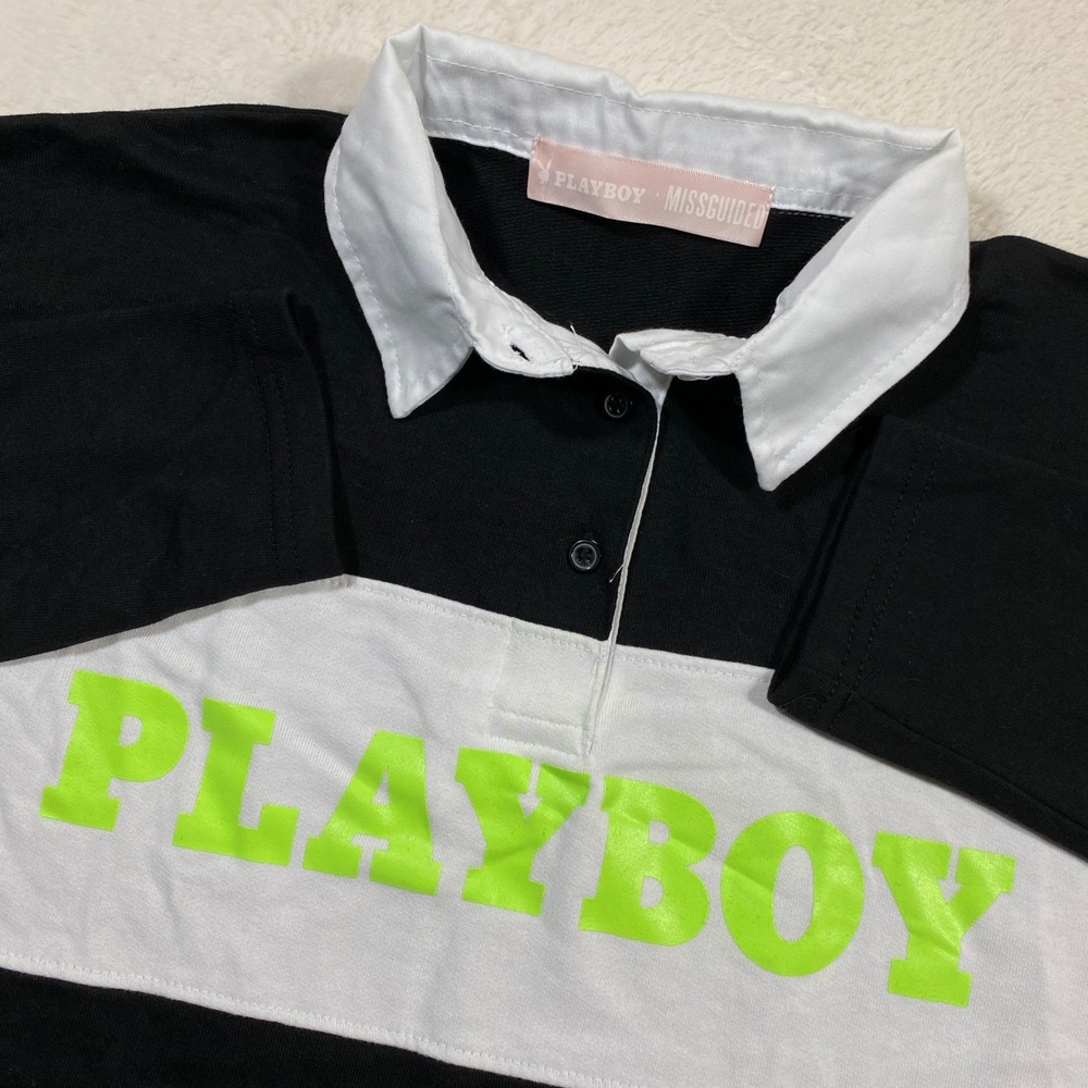 Playboy Polo Missguided Black White Neon Green Long Sleeve Shirt Mini Dress